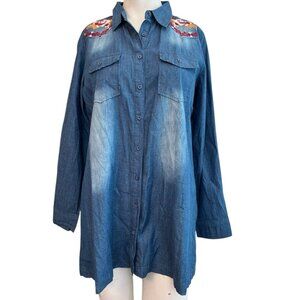 Boho Jane Small Blue Embroidered Floral Chambray Denim Button Shirt Tunic New